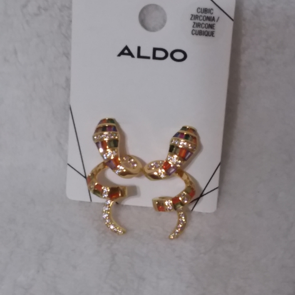 Dangle Pierce Earrings Snake Gold Tone Cubic Zirconia Aldo